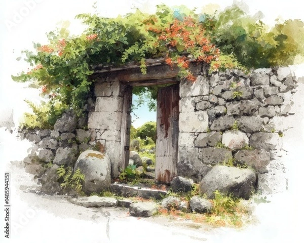 Fototapeta Rustic stone gateway surrounded by lush greenery countryside landscape watercolor art tranquil environment nature concept