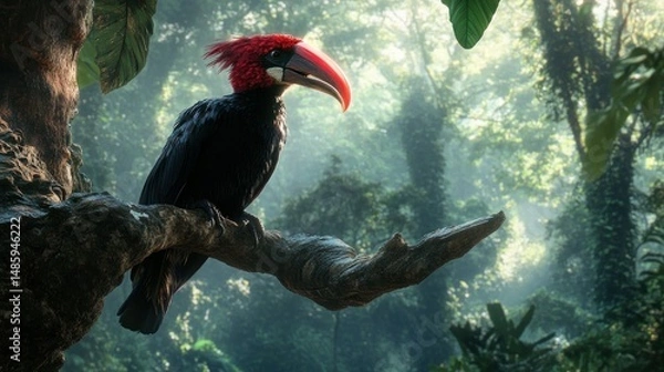 Fototapeta A helmeted hornbill was sitting on a tree branch, with a red crest, background wallpaper AI generated image