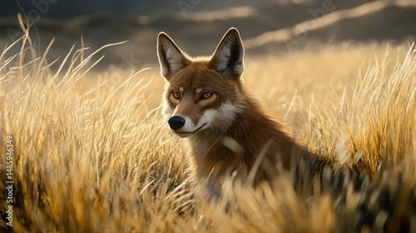 Fototapeta Wolves roam the highlands at dawn, their red fur blending with the dry grass, background wallpaper AI generated image