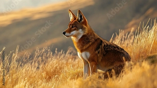 Fototapeta Wolves roam the highlands at dawn, their red fur blending with the dry grass, background wallpaper AI generated image