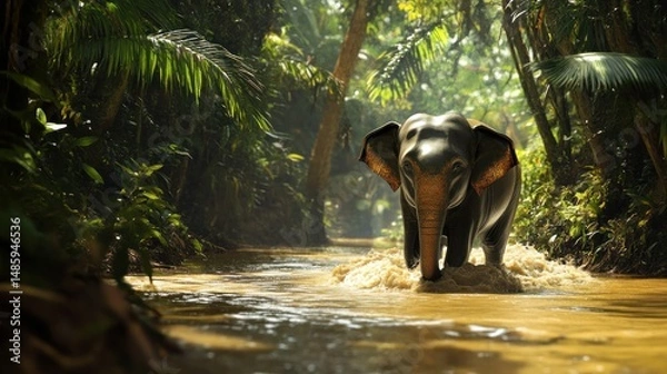 Fototapeta A Borneo elephant wades through a muddy river, surrounded by dense forest, background wallpaper AI generated image