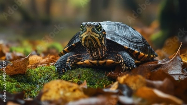 Fototapeta The endangered Swamp Turtle hides among the wet moss and fallen leaves, background wallpaper AI generated image