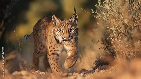 Fototapeta A beautiful Iberian lynx cat through the dry undergrowth, background wallpaper AI generated image