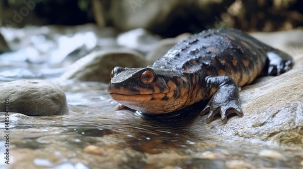 Fototapeta A rare salamander resting in a freshwater stream, background wallpaper AI generated image