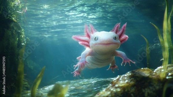 Fototapeta An Axolotl swims in a clear freshwater lake, background wallpaper AI generated image