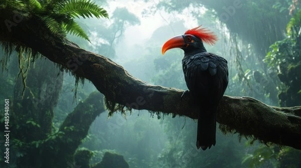 Fototapeta A helmeted hornbill was sitting on a tree branch, with a red crest, background wallpaper AI generated image