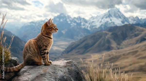 Fototapeta A rare mountain cat is sitting on a rock in the highlands, background wallpaper AI generated image