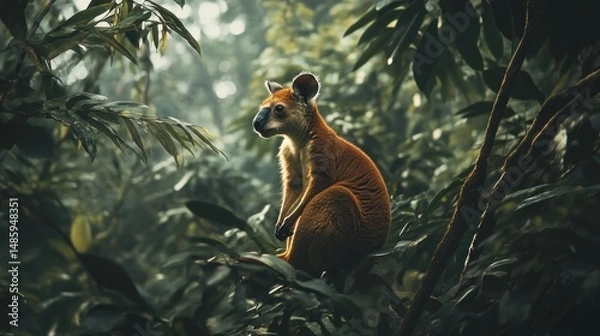 Fototapeta A rare Tree Kangaroo in the dense rainforest trees, background wallpaper AI generated image