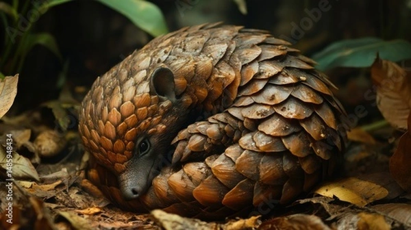 Fototapeta An endangered pangolin curls up protectively on the forest floor, background wallpaper AI generated image