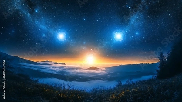 Fototapeta Binary stars blinking across a techno sky