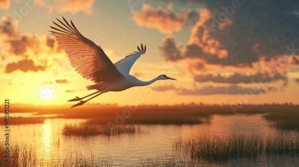 Fototapeta An endangered stork flies over a vast wetland at sunset, background wallpaper AI generated image