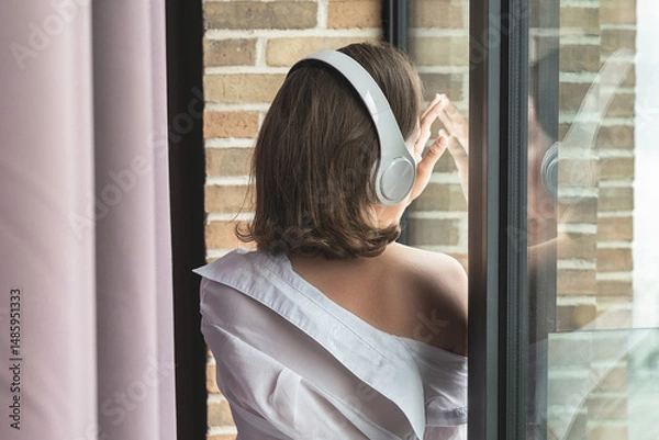 Obraz Back view of beautiful сaucasian woman in headphones enjoying listening music standing, leaning back on window.