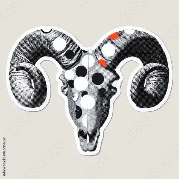 Obraz Ram skull with large curved horns and polka dot pattern in black and white with red accents