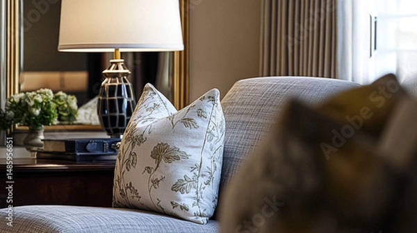 Fototapeta Refined English interiors with soft neutral tones, botanical art, fresh florals, classic panelled walls, and elegant furnishings for a feminine yet timeless home atmosphere