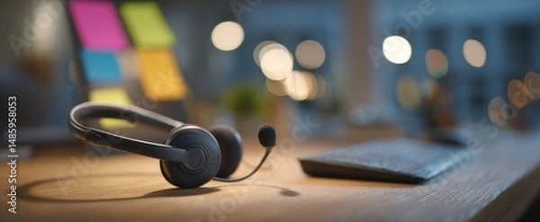 Fototapeta The sleek headset resting on a modern office desk with vibrant stationery.