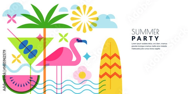 Fototapeta Summer background with palm, flamingo, cocktail, watermelon. Vector flat illustration. Beach party banner, poster design