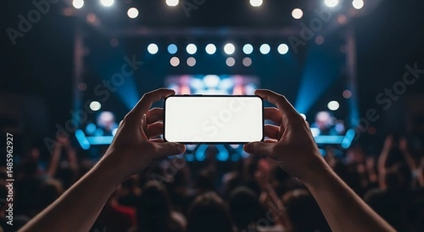 Fototapeta Capturing concert experience on phone with blank screen amidst cheering crowd