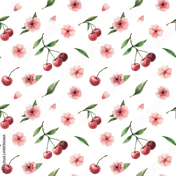 Fototapeta Watercolor seamless pattern featuring juicy cherry berries and delicate pink cherry blossoms.