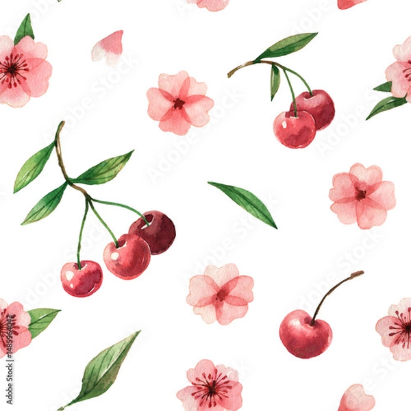 Fototapeta Cherry Bloom and Berry – watercolor seamless pattern with ripe cherries and soft pink flowers