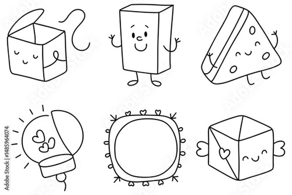 Fototapeta Cute and playful illustrations of various characters including box, rectangle, triangle, light, frame, and cube