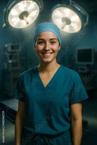 Obraz Smiling young female doctor wearing surgical scrubs in a bright, high-tech operating room. Confident and professional healthcare worker in a modern hospital setting.