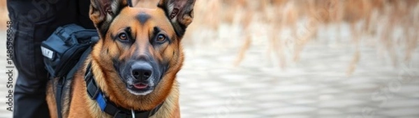 Fototapeta alert German Shepherd dog with blue collar and harness standing outdoors with blurred dry grass background showing attentive and calm expression