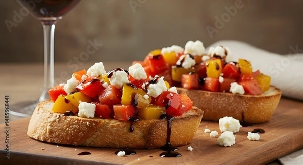 Obraz Delicious Bruschetta Topped with Fresh Tomatoes Peppers and Feta Cheese Ready to Serve