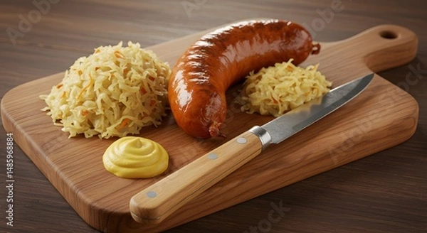 Obraz Hearty Sausage Meal with Sauerkraut and Mustard A Simple Culinary Delight to Explore