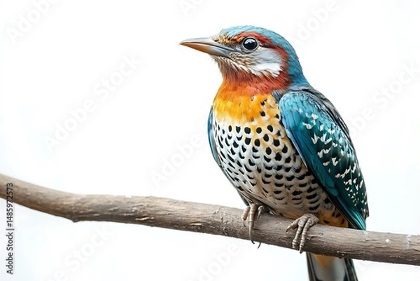 Fototapeta A cuckoo bird sits perched on a branch, its vibrant plumage on full display against a white background, perfect for ornithology projects.