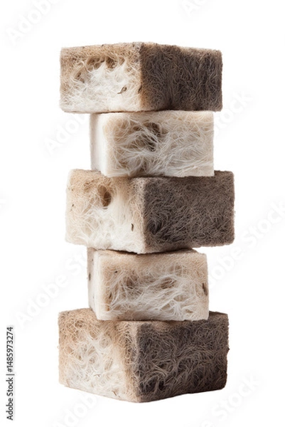 Fototapeta Stack of mushroom-mycelium packing blocks in studio-quality lighting on a white background