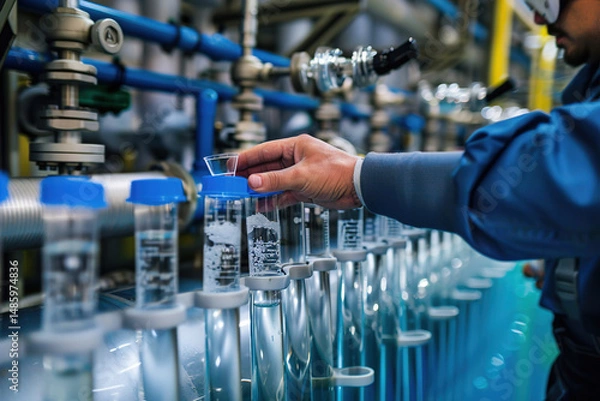 Fototapeta Technician collecting water samples at desalination plant, test tubes filled, complex filtration system background
