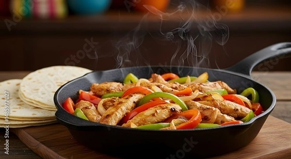 Obraz Chicken fajitas sizzling in a cast iron skillet with tortillas on the side