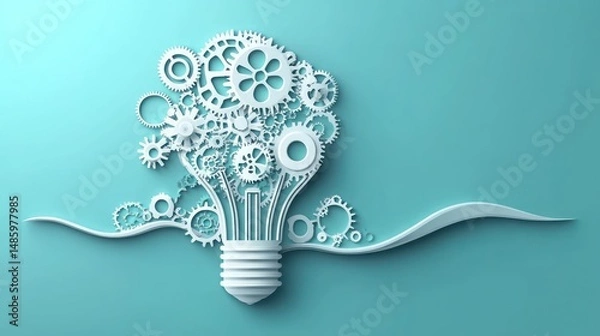 Fototapeta Conceptual illustration of a light bulb made from interconnected white gears and cogs symbolizing creativity and mechanical innovation on a teal background