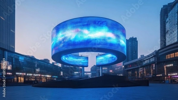 Obraz Futuristic circular LED screen displays dynamic blue light patterns in a modern city square at dawn.
