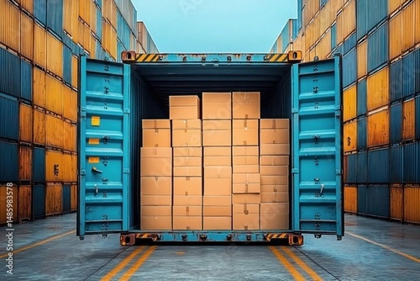 Obraz Open shipping container fully packed with stacked cardboard boxes inside an industrial container yard with rows of stacked containers on both sides under a clear blue sky