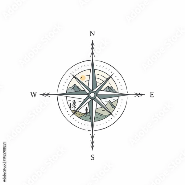 Fototapeta Hand-drawn compass rose with mountain and sun details, minimal color palette