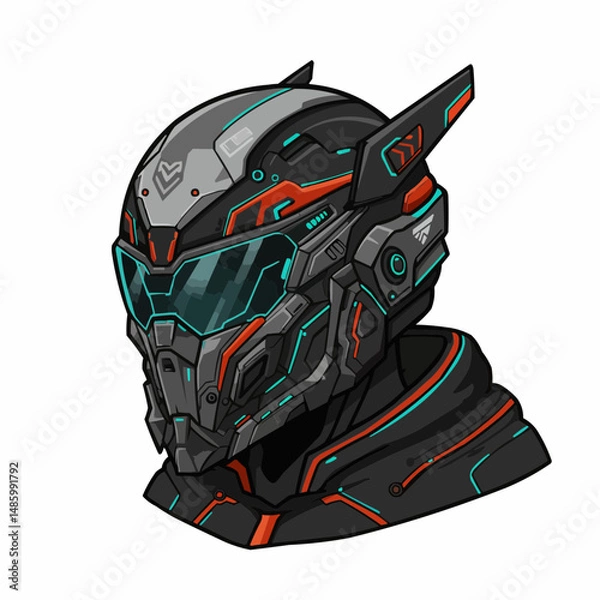 Fototapeta Sci-fi styled helmet with black, gray, and teal colors, with orange accents, futuristic look