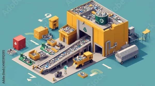 Fototapeta Technical schematic of a waste sorting station showing conveyor system, waste containers, and flow arrows in the context of automated