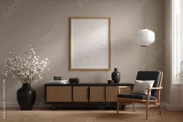 Fototapeta Elegant flat mockup of a poster frame on a warm neutral wall with modern cozy furnishings