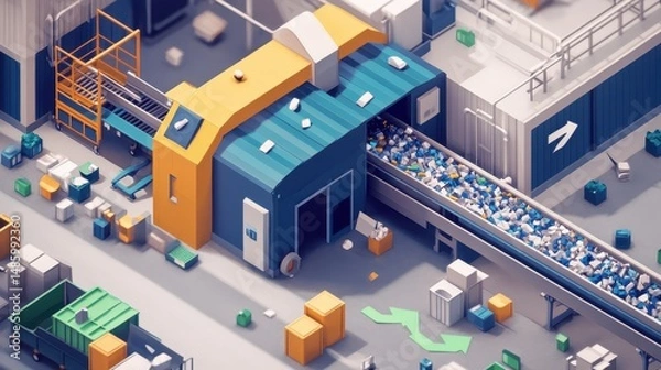 Fototapeta Technical schematic of a waste sorting station showing conveyor system, waste containers, and flow arrows in the context of automated