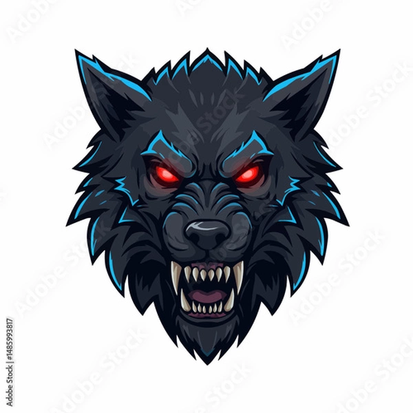 Fototapeta Fierce, blue accented wolf with glowing red eyes peeking from the upper corner