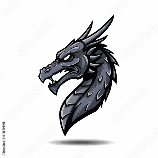 Obraz Cartoonish dragon head in gray scale with menacing eyes and spikes