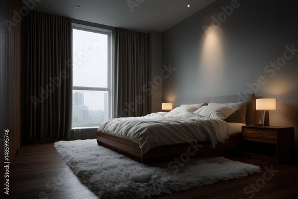 Fototapeta minimalist bedroom with empty wall above bed, white and wood tone, ideal for artwork display, clean daylight setting