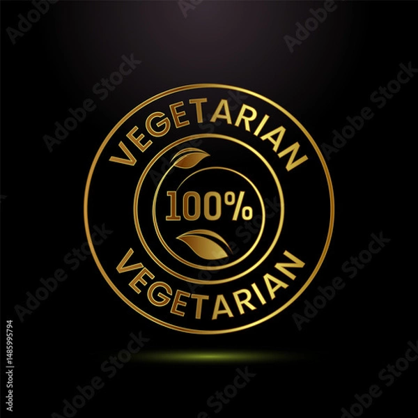 Fototapeta 100 percent vegetarian icon design illustration, Vegan product label badge sign in gold color style