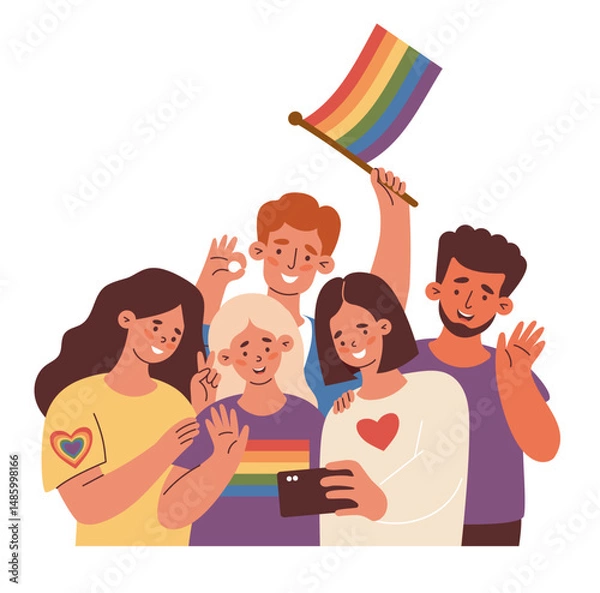 Fototapeta Diverse LGBT people with Rainbow Pride Flag together Taking Selfie. Memorable moment Friends. Joyful LGBTQ support, celebrating love, identity and equality. Vector Illustration for Pride Month, unity