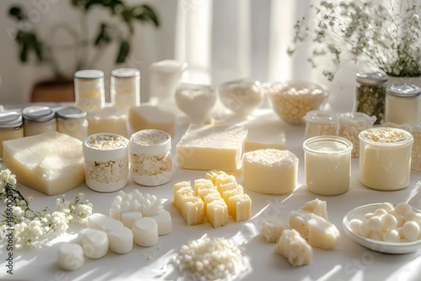 Fototapeta A sunlit table displays an assortment of creamy white soaps, lotions, and bath products. The calming aesthetic is perfect for a spa or wellness brand.