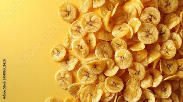 Fototapeta Close-up of dried banana chips arranged in a cluster on a yellow background showcasing crispy golden texture and natural sweetness for healthy snack imagery