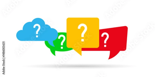 Obraz Colorful speech and cloud bubbles with question marks, symbolizing inquiry, FAQ, or customer support, isolated on a white background.