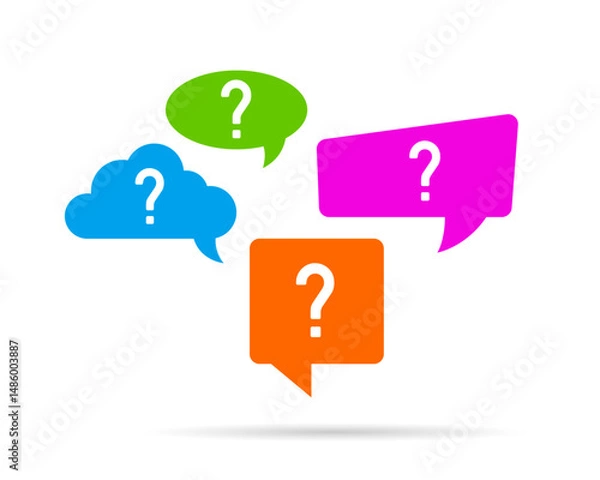 Obraz Colorful speech bubbles with question marks in various shapes on white background. Concept of curiosity, FAQ, communication, or brainstorming.