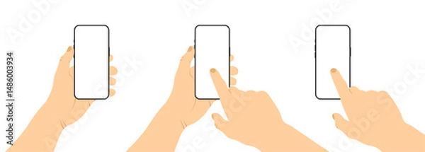 Obraz Illustration of hands holding smartphones with different finger touch gestures on blank screens, isolated on white background.